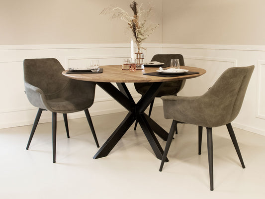 2 stk. Signe Spisebordsstole, oliven imiteret ruskind, sort metal ben.