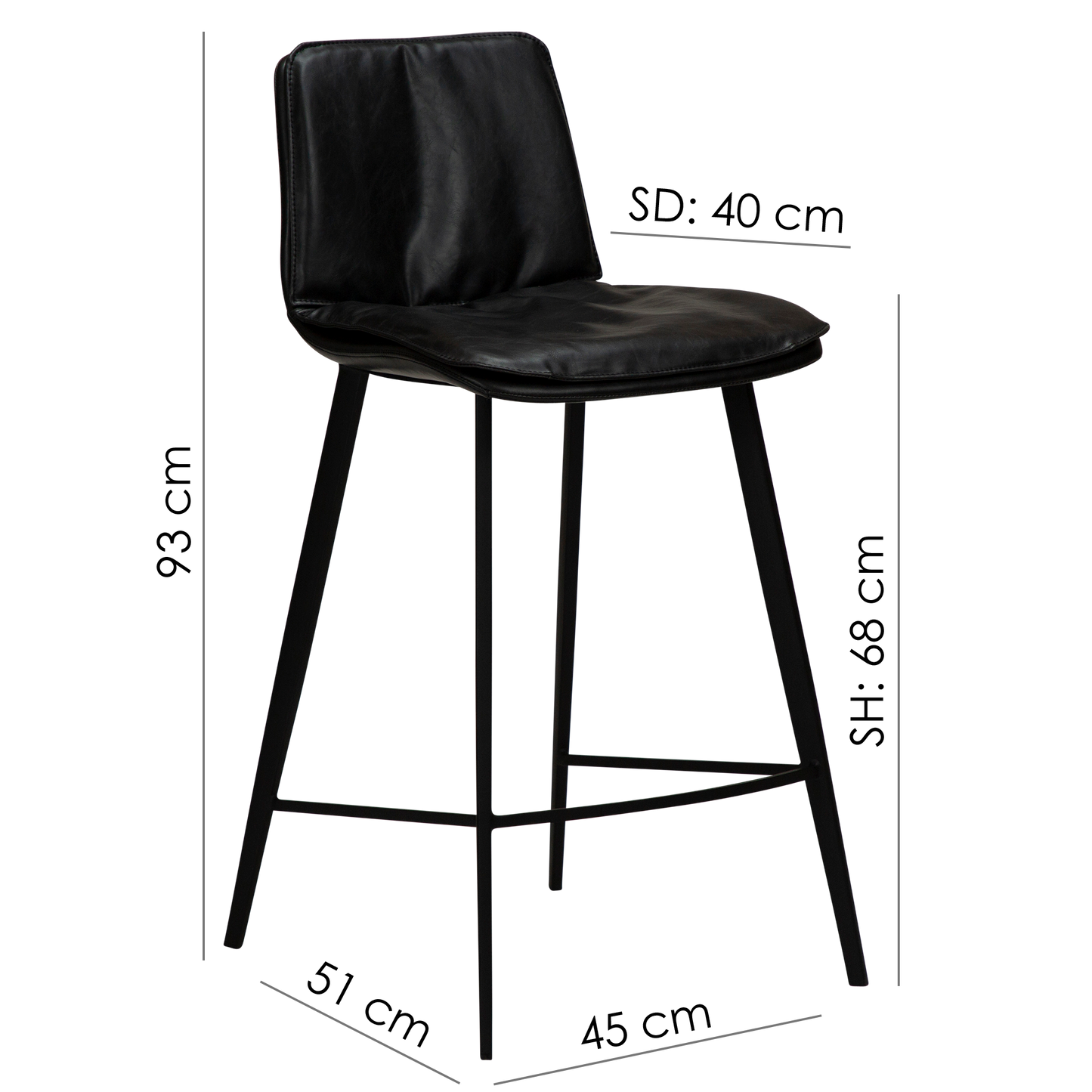 2 stk. FIERCE Counter Barstol sort kunstlæder, sort metal