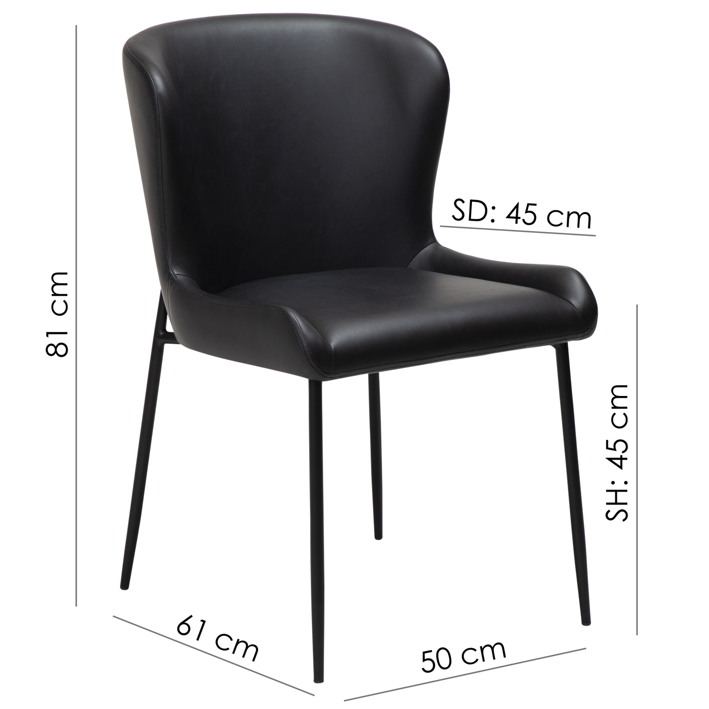 2 stk. GLAMOROUS Spisebordsstole, sort kunstlæder, sort metal ben.