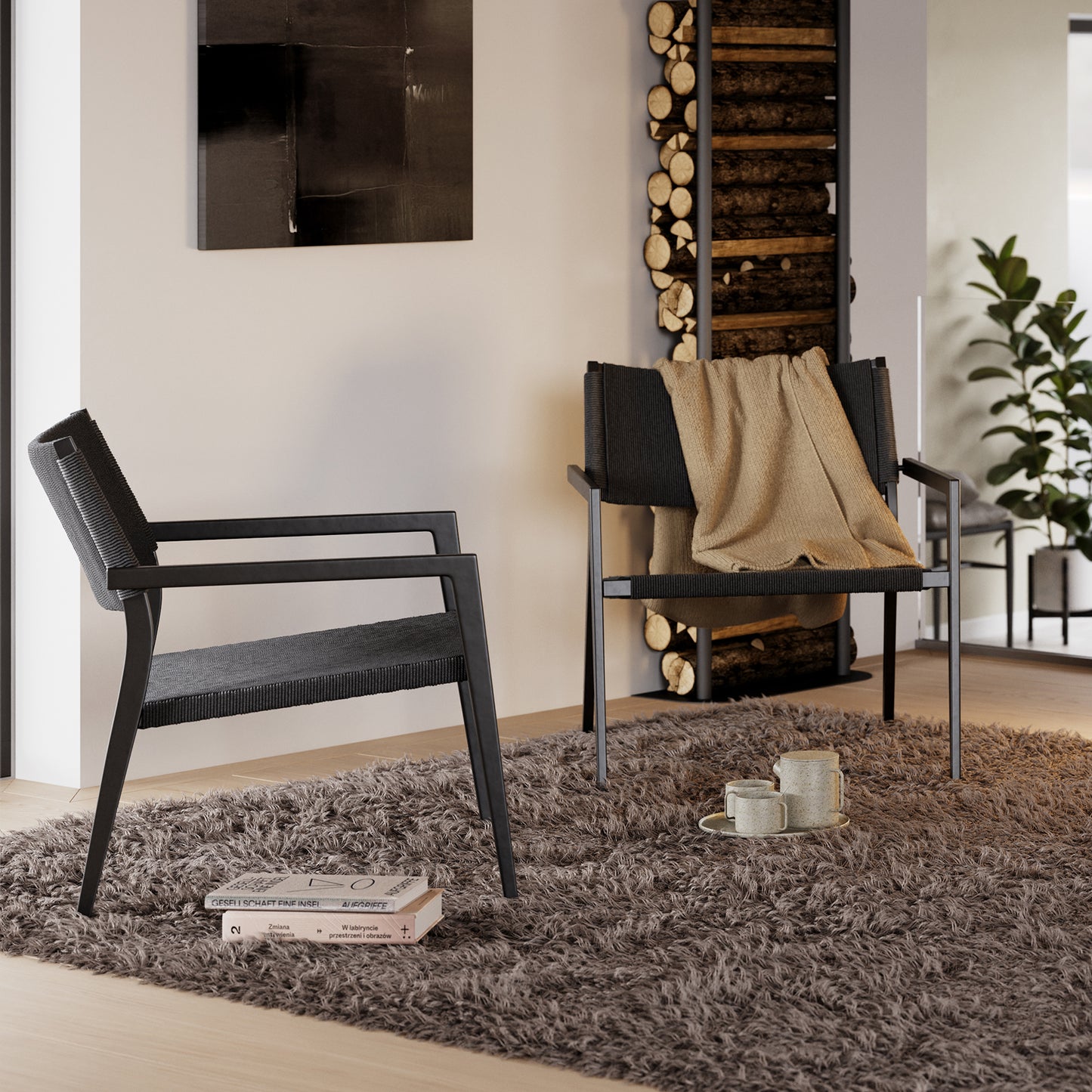 2 stk. LOOP Loungestole, sort snor, sorte metal ben.