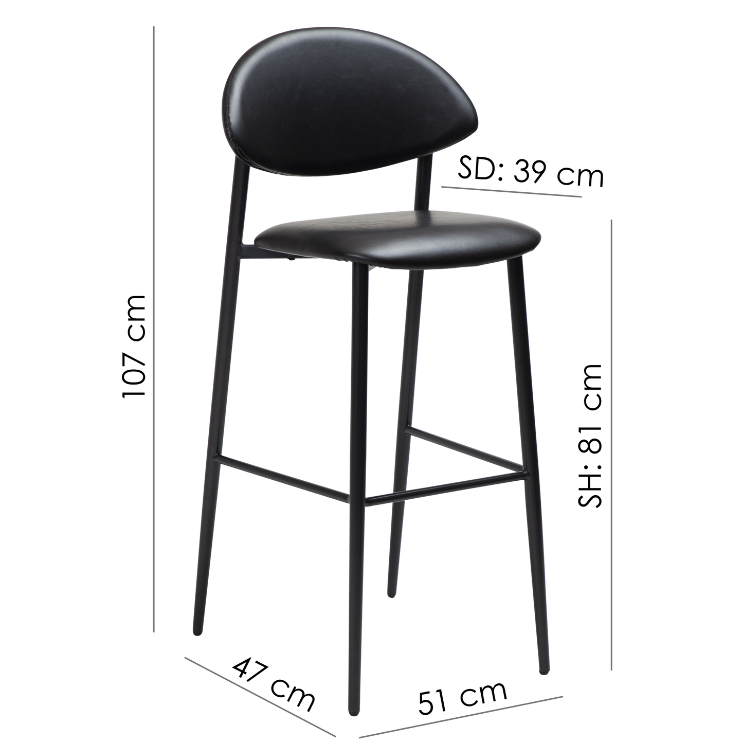 2 stk. TUSH Barstole, sort kunstlæder, sorte metal ben.